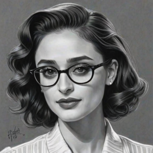 Magnificent Emmy Rossum, pencil sketch, portrait of Gorgeous woman 1942s in glasses, hair style beatnik, outline, clear lines, fine lines, 8k