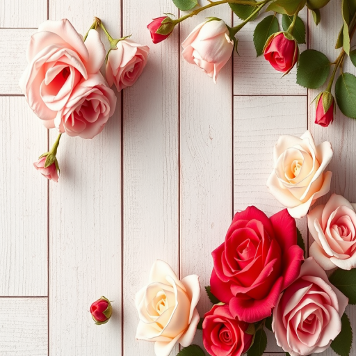 Create a vintage floral border design with pink, red, and cream roses on a textured wooden background, using a high-resolution DSLR camera, 50mm lens, f/2.8 aperture, 1/125 sec shutter speed, and soft diffused natural light.