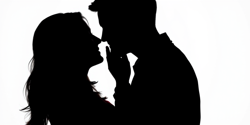 Create a high-contrast silhouette of a couple embracing against a white background, using a Canon EOS R5 with a 50mm f/1.2 lens, aperture set to f/1.2, ISO 100, and a shutter speed of 1/100 sec, shot from a slightly low angle.