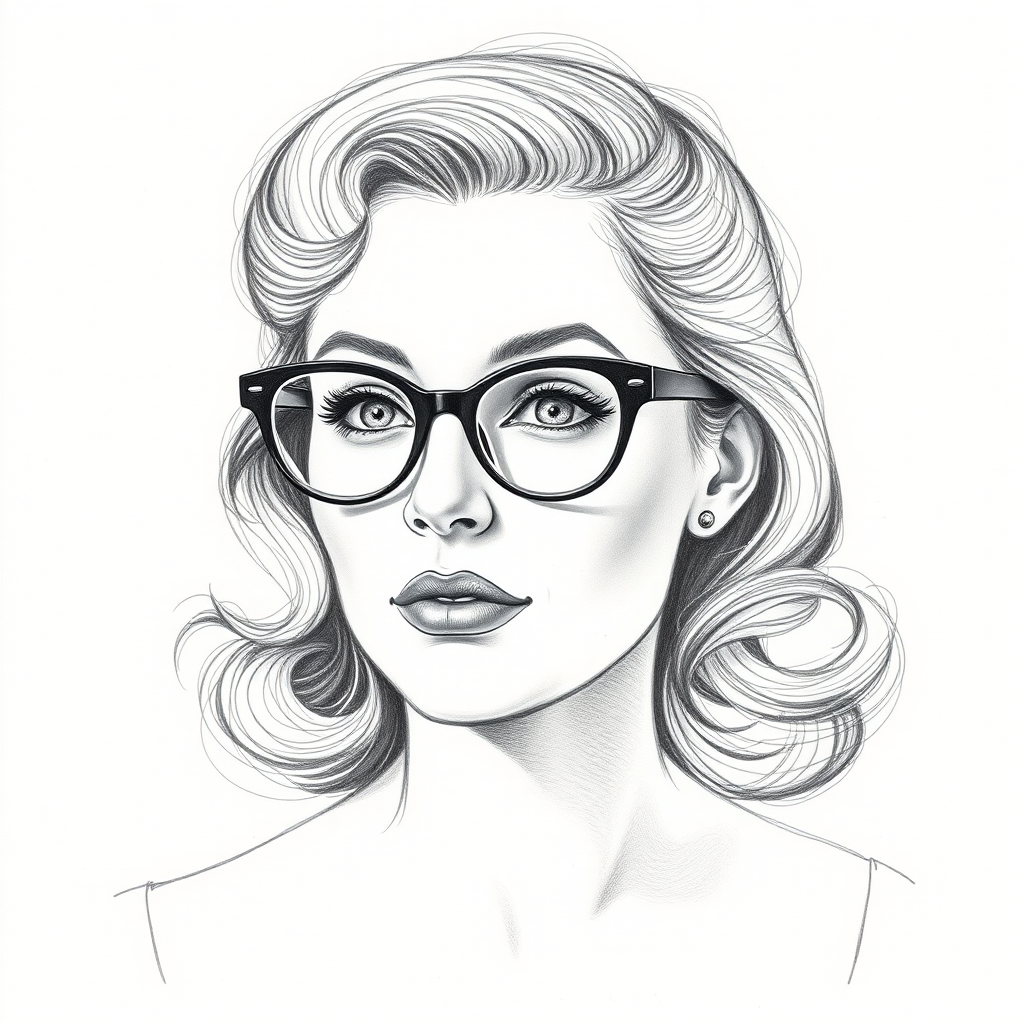 Lovely Carly Chaikin, pencil sketch, portrait of Pleasing woman 1933s in glasses, hair style beatnik, outline, clear lines, fine lines, 8k