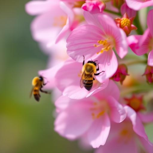 Close-up of pink flowers with a bee hovering nearby, shallow depth of field, aperture f/2.8, ISO 100, 50mm lens, natural light, soft focus background, macro photography.