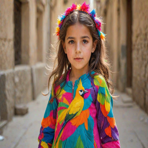 A beautiful Ashkenazi girl, wearing colorful bird clothing with vibrant colors