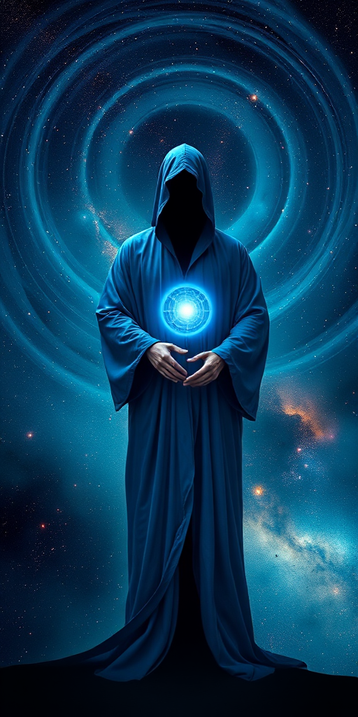 A mysterious figure in a flowing blue robe stands against a cosmic background with swirling galaxies and stars, illuminated by a glowing orb at the center of their chest, captured in a 50mm lens, f/1.8 aperture, ISO 100, using a DSLR camera with a wide-angle view.