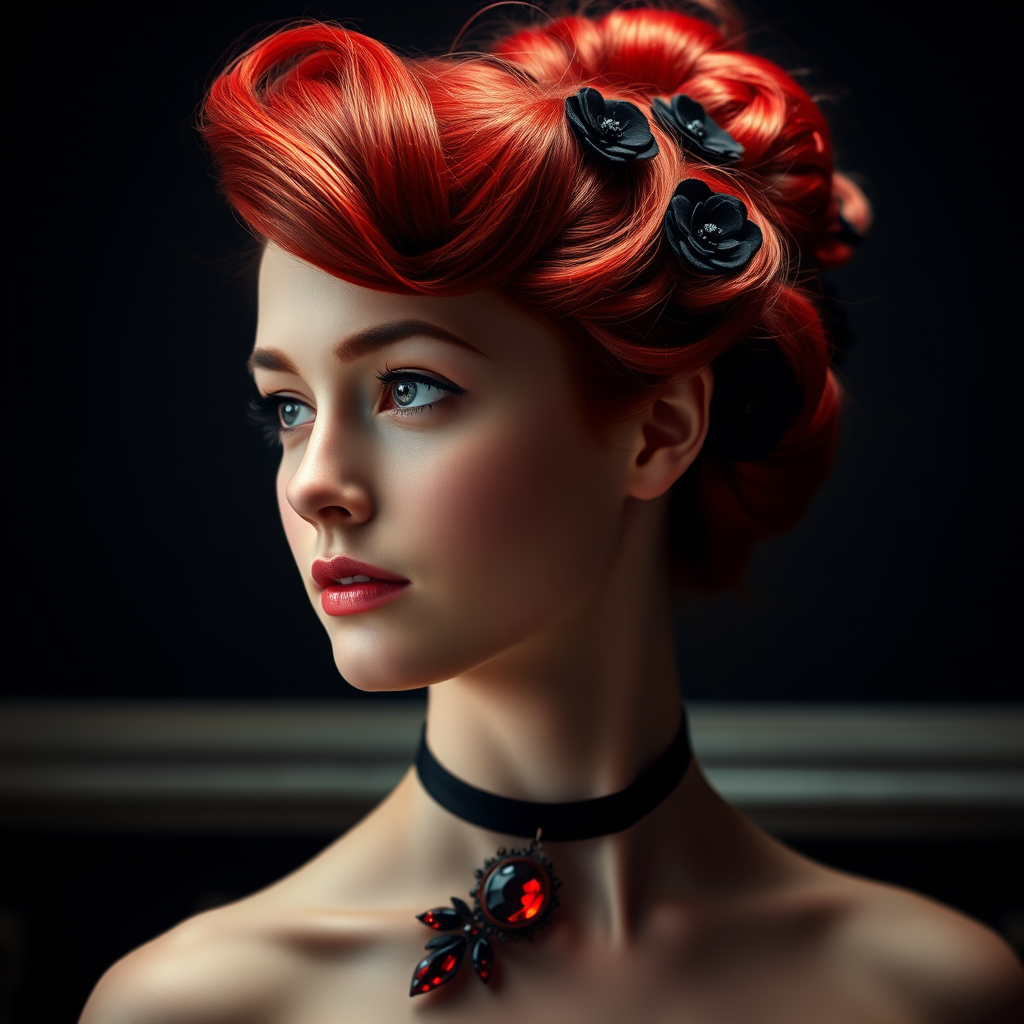 A young woman with bright red hair styled in a voluminous updo adorned with black floral accents, wearing a black choker with a large red gemstone pendant, looks off to the side with a slightly pensive expression, her face softly lit against a dark background.  The image is composed as a portrait, shot from a close-up perspective, with the subject filling most of the frame.  The woman's skin appears fair and flawless, with a subtle glow.  The overall atmosphere is elegant and slightly dramatic.