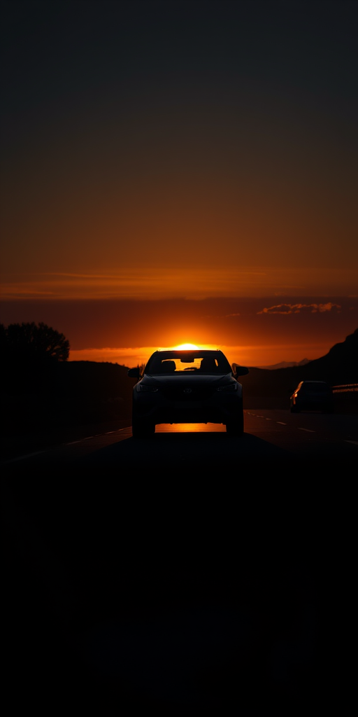 capture a silhouette of a car on a dimly lit road during sunset with dramatic shadows, using a DSLR camera, aperture f/8, shutter speed 1/200s, ISO 200, 35mm lens, shot from a low angle to emphasize shadows and contrast
