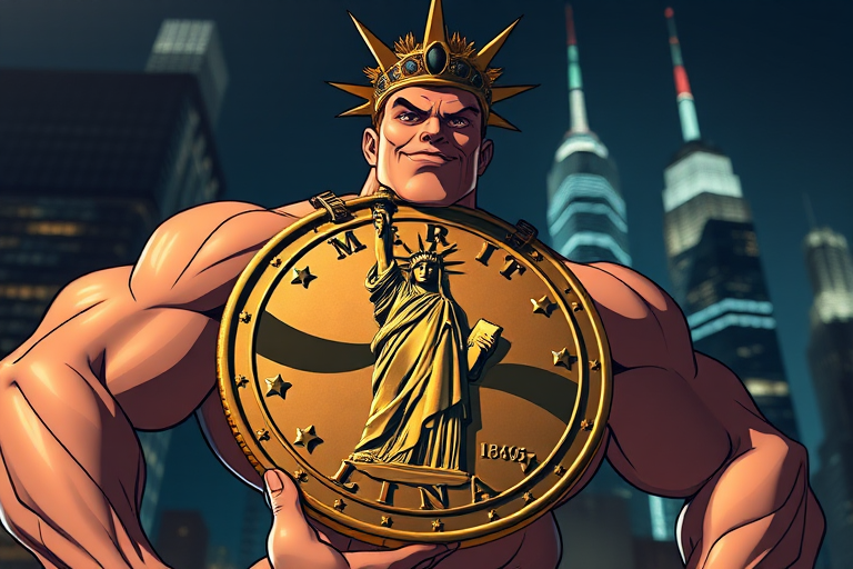 Create an image of a muscular cartoon character wearing a large coin with the Statue of Liberty design in front of a city skyline at night, using a DSLR camera, 50mm lens, f/1.8 aperture, ISO 100, and a low angle shot for dramatic effect.