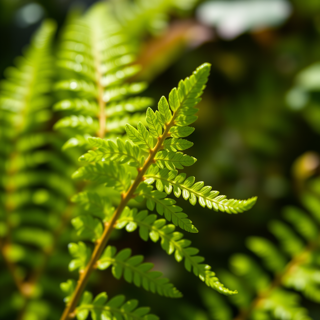 Capture a high-resolution close-up image of a vibrant green fern leaf, using a DSLR camera with a 50mm f/1.8 lens, aperture set to f/4 for depth of field, ISO 100 for clarity, and natural sunlight to enhance color saturation.