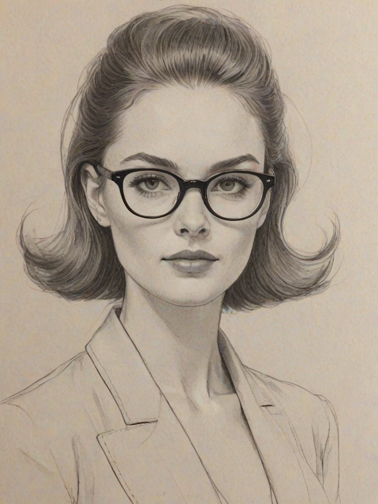 Splendid Sophie Wylie, pencil sketch, portrait of Elegant woman 1967s in glasses, hair style beatnik, outline, clear lines, fine lines, 8k