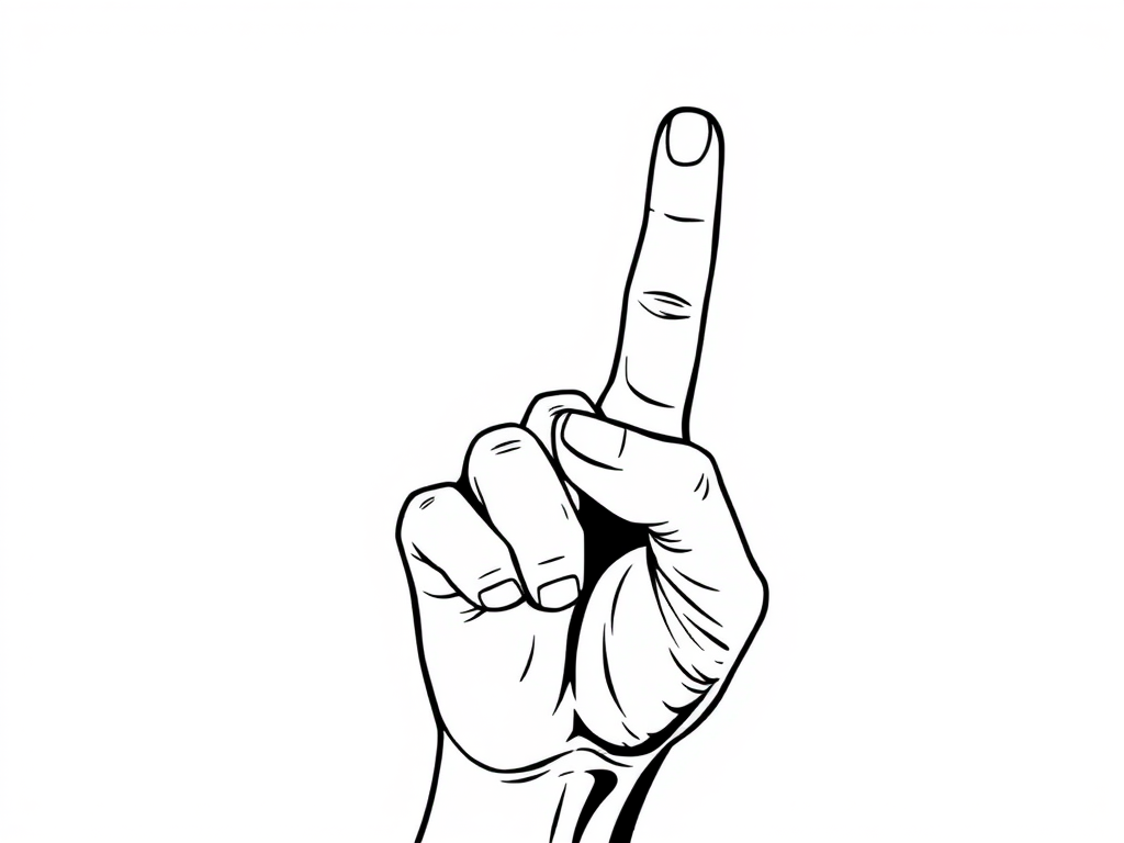Create a stylized vector illustration of a raised hand with one finger pointing upward, high contrast black and white, suitable for graphic design, 300 DPI resolution, viewed from a front perspective, with soft lighting to enhance details, using a digital drawing tablet.