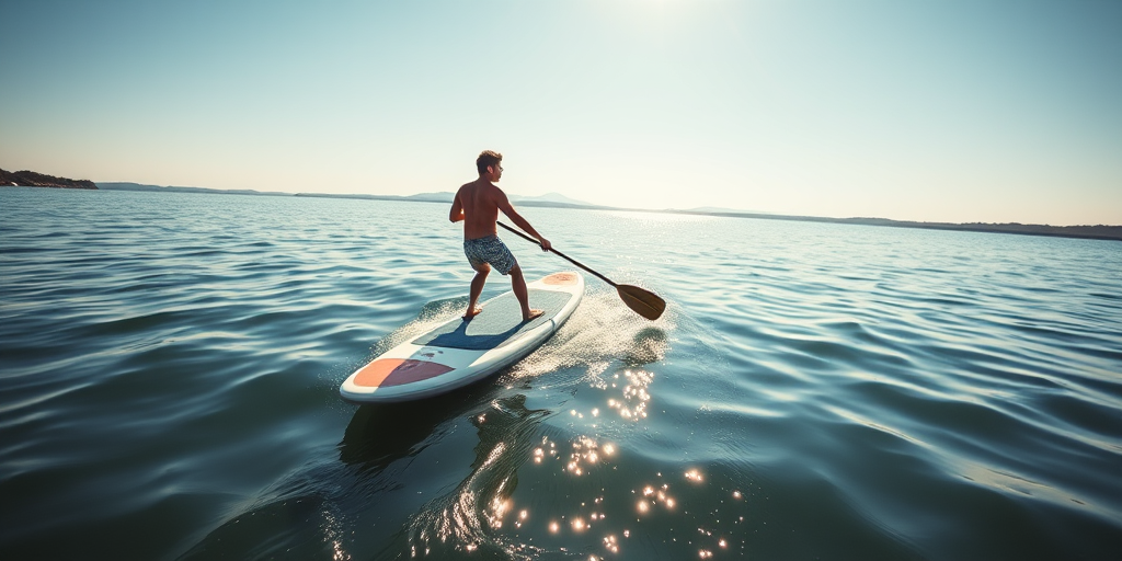 Generate an image of a person paddleboarding on calm water in bright sunlight, captured with a Canon EOS R5, 24-70mm lens, f/4 aperture, 1/500 sec shutter speed, ISO 100, from a low angle perspective for a vibrant and dynamic look.