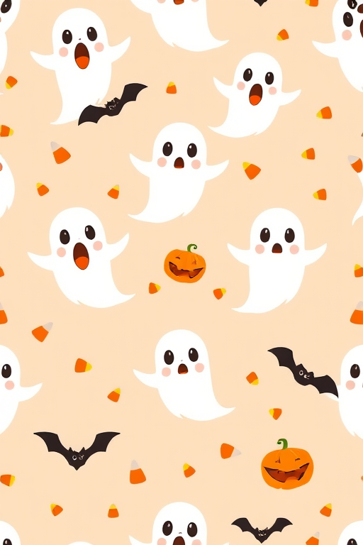 Create a repeating pattern featuring cute cartoon ghosts in white with surprised expressions orange jack-o-lanterns with grinning faces black bats scattered throughout and small candy corn pieces on a light peach background