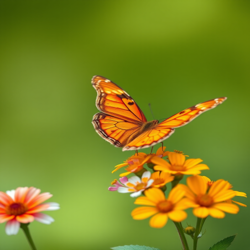 Generate an image of a vibrant orange butterfly perched on a cluster of colorful flowers with a soft green background. The butterfly should have intricate patterns on its wings, and the flowers should be blooming and vivid, creating a harmonious natural scene.