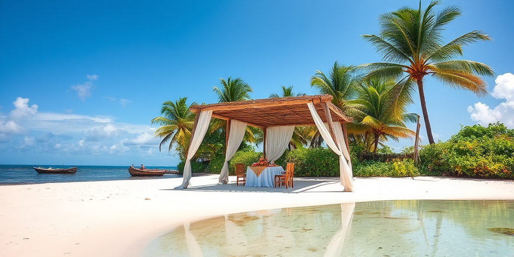 Create a picturesque tropical beach scene featuring a serene, white sandy shore. In the foreground, there's a rustic wooden canopy with white drapes gently flowing in the breeze. Underneath the canopy, a table is set with tropical decor, evoking a sense of relaxation and leisure. The beach extends into a calm, shallow water area with reflections of the sky and surroundings. Palm trees and lush greenery line the edge of the beach, providing a natural, tropical backdrop. The sky is clear with a few scattered clouds, and the overall atmosphere is tranquil and inviting, perfect for a peaceful retreat.