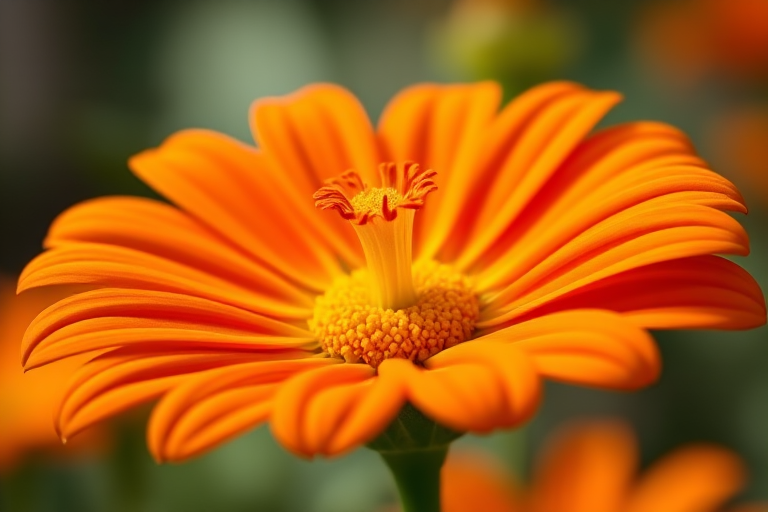 macro shot of a vibrant orange flower with detailed petals and center, f-stop 2.8, shutter speed 1/100, ISO 200, 100mm macro lens, soft focus background, natural lighting, DSLR camera