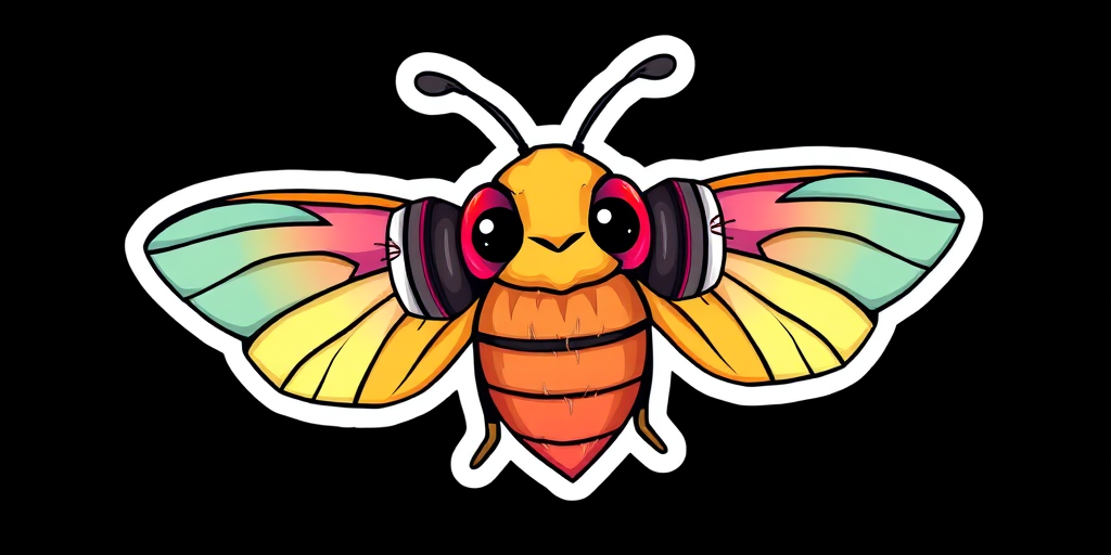 this image is sticker, Happy Colorful Moth wearing Headphones, kawaii, contour, vector, black background