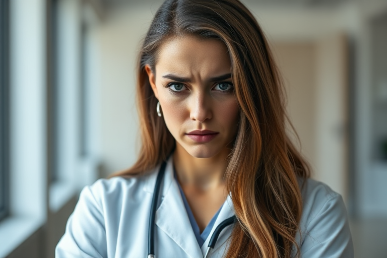 Create an indoor portrait of a frustrated female doctor with long hair, wearing a white lab coat, captured with a Canon EOS R5, 50mm lens, f/1.8 aperture, ISO 400, natural lighting, soft focus background, emotive expression.
