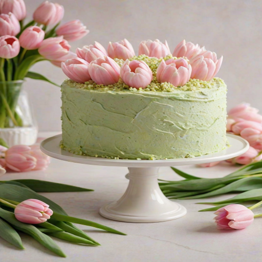 Create an image of a round cake with a light green buttercream frosting decorated with white flowers and delicate stems. The cake is displayed on a simple white pedestal. In the background, include soft pink tulips and a subtle, blurred floral arrangement to enhance the springtime feel.