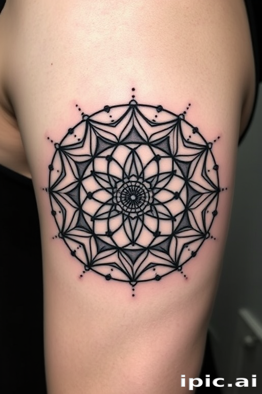 Geometric blackwork tattoo called "Sacred Geometry" showcasing intricate patterns of interconnected triangles, circles, and hexagons forming a mesmerizing mandala-like design, with bold solid black lines contrasting against negative space to create a striking visual impact, incorporating subtle dotwork shading to add depth and dimension to the piece, ideal for enthusiasts of minimalist yet powerful tattoo designs that blend mathematical precision with spiritual symbolism