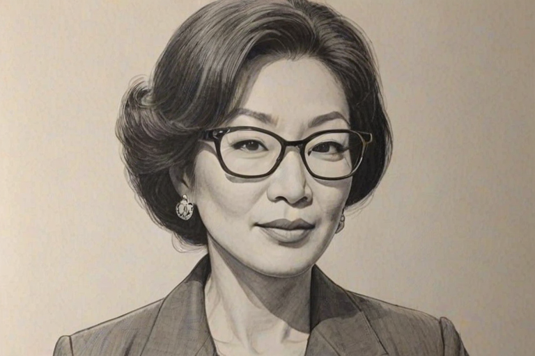 Fetching Connie Chung, pencil sketch, portrait of Sublime woman 1967s in glasses, hair style beatnik, outline, clear lines, fine lines, 8k