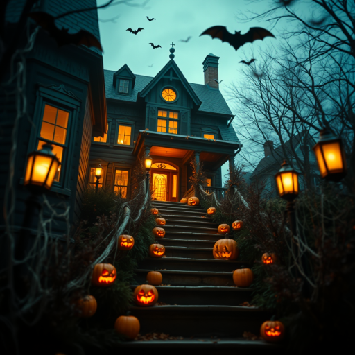 airbrushed oil painting, halloween theme, a haunted house, stairs, highly decorated, illuminated, lanterns, jack o'lantern, bats, webcobs
