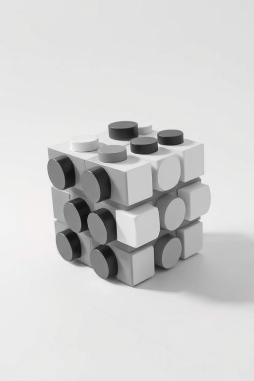 Create a high-resolution image of a 3D black and white geometric shape resembling a building block, using a DSLR camera, aperture f/2.8, ISO 100, focal length 50mm, in a studio setting with soft lighting to enhance details and shadows.