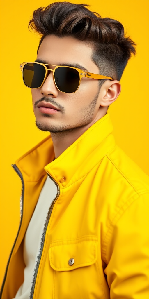 portrait of a stylish young man in a bright yellow jacket and sunglasses against a vivid yellow background, shallow focus, 50mm lens, f/1.8 aperture, ISO 100, natural light, studio photography