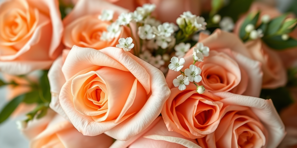 close-up shot of a lush arrangement of peach and white roses with delicate white flowers, soft natural lighting, aperture f/2.8, shutter speed 1/60s, ISO 200, DSLR camera with macro lens, shallow depth of field