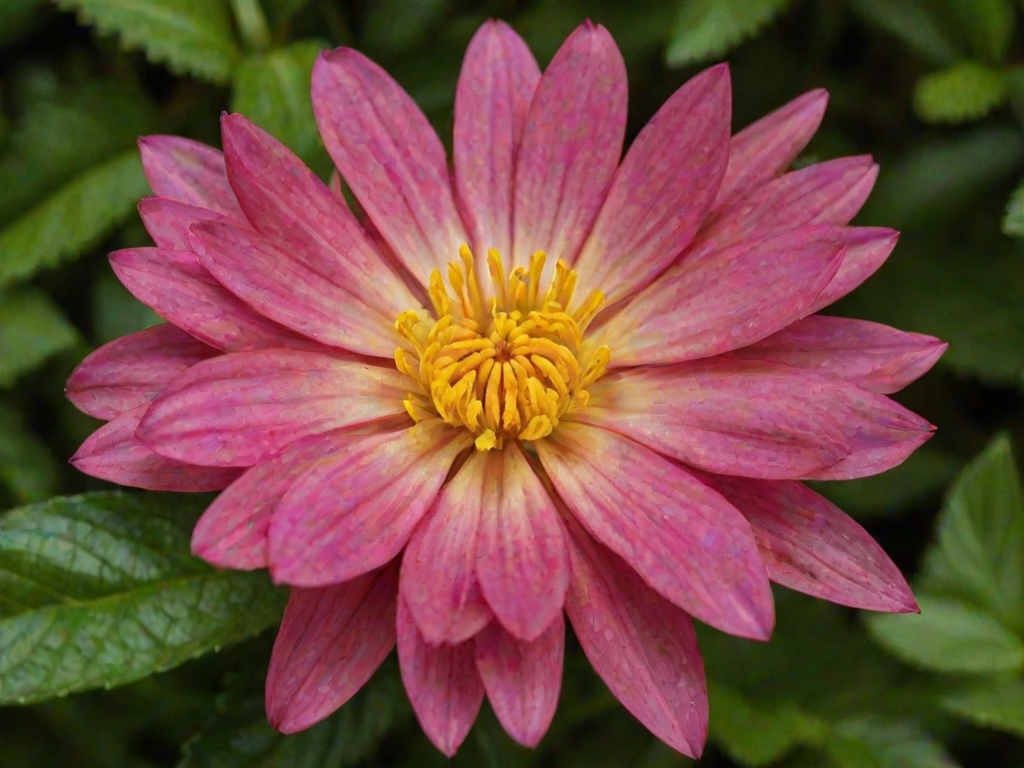 a close-up of a vibrant pink flower with a yellow center surrounded by green foliage, soft focus background
