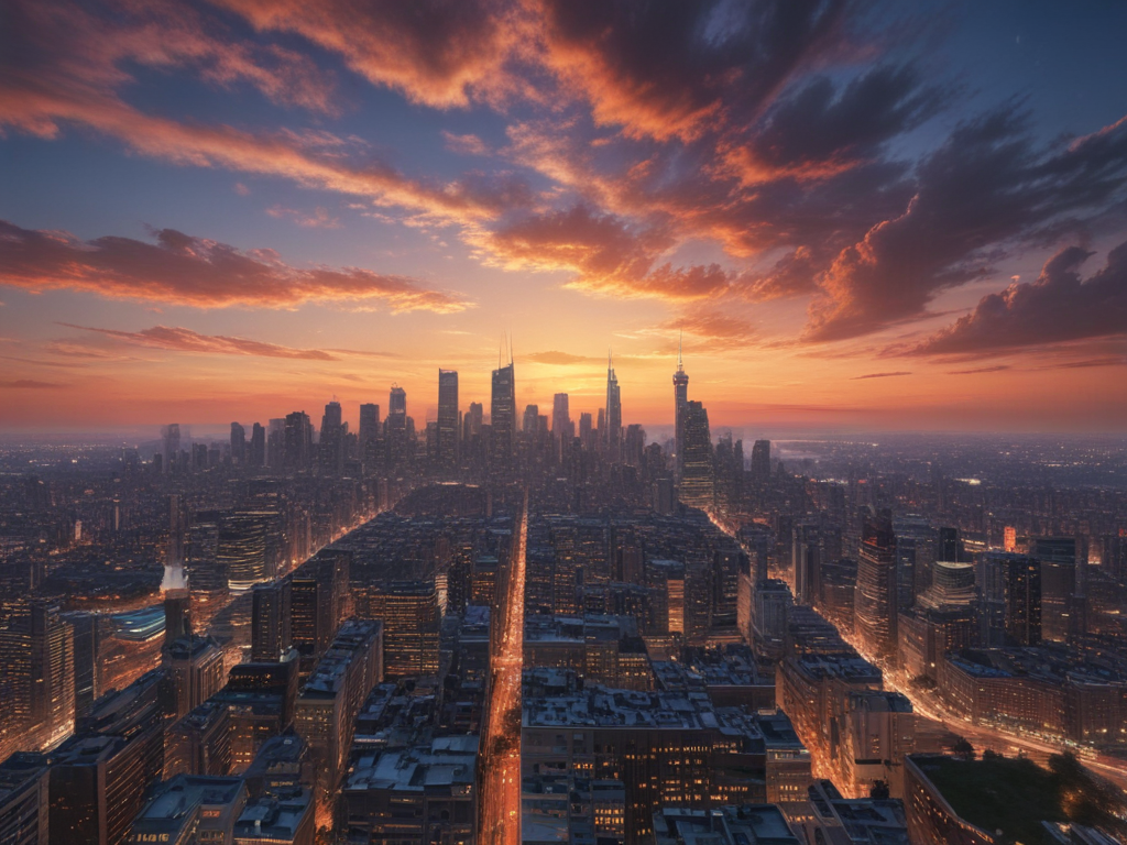 Stunning Sunset Over a Vibrant City Skyline Illuminated by Twilight