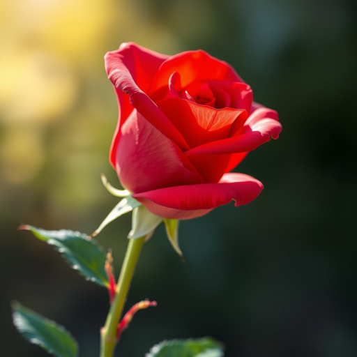 generate a high-resolution illustration of a single red rose with vibrant colors and detailed shading, using a Canon EOS R5 camera at f/2.8, 1/200 sec, ISO 100, close-up view with a soft focus background and natural lighting.