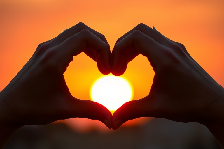 Capture a close-up of hands forming a heart shape against a sunset background, with soft bokeh, using a DSLR camera with a 50mm lens, aperture set to f/1.8, shutter speed 1/100s, ISO 200, in natural light, focusing on the vibrant colors of the sunset and the details of the hands.