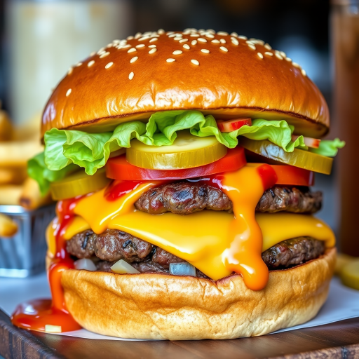 High-resolution, close-up image of a gourmet double cheeseburger. The burger features a glossy, sesame-seed-topped brioche bun. Inside, there are two thick, juicy beef patties, each topped with melted cheddar cheese. The burger is garnished with fresh lettuce, tomato slices, diced onions, and pickles. A generous amount of ketchup and a creamy, orange-colored sauce is dripping down the sides, adding to the mouth-watering appeal. In the background, there are blurred elements including a side of golden French fries and a hint of a beverage, enhancing the overall presentation of a delicious meal.