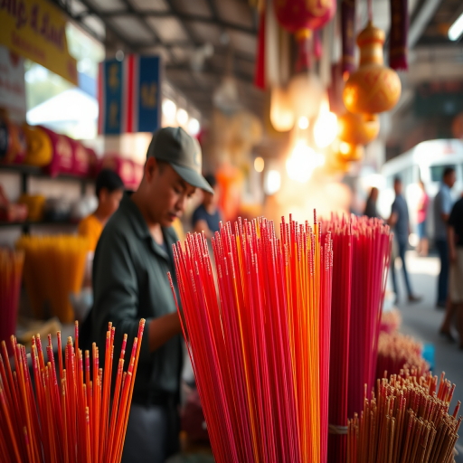 Capture a vibrant market scene with a person crafting incense sticks, shallow depth of field, sunlight illuminating colorful incense bundles, focal length 50mm, aperture f/2.8, ISO 200, natural light, DSLR camera.