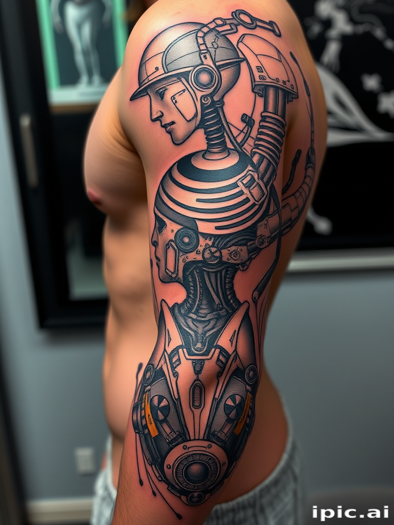 Futuristic biomechanical tattoo titled "Cybernetic Fusion" combining elements of human anatomy with mechanical components in a seamless and intricate design that appears to reveal the inner workings of a cyborg beneath the skin, utilizing a mix of realistic shading and geometric patterns to create a striking contrast between organic and artificial elements