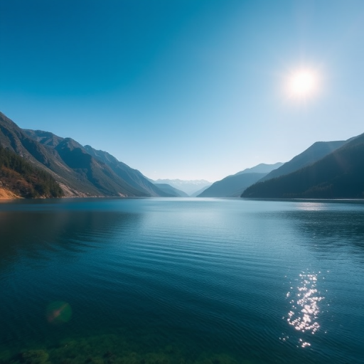 Create a high-resolution image of a serene landscape featuring a calm lake surrounded by majestic mountains under a clear blue sky, captured with a DSLR camera at f/8 aperture, 1/200 second shutter speed, ISO 100, with a wide-angle lens at 16mm, using a shallow depth of field for enhanced background detail.