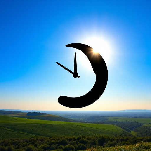 Create a vibrant digital artwork of a sun in a clear blue sky above a green landscape with a prominent black abstract shape representing a clock hand at 10:10, using a high-resolution camera setting of 24MP, landscape view, HDR style, digital camera type.