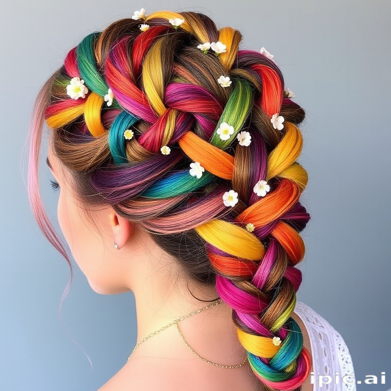 Bohemian Rainbow Braid showcasing an intricate, multi-colored Dutch braid incorporating all the colors of the rainbow, adorned with small flowers and delicate beads