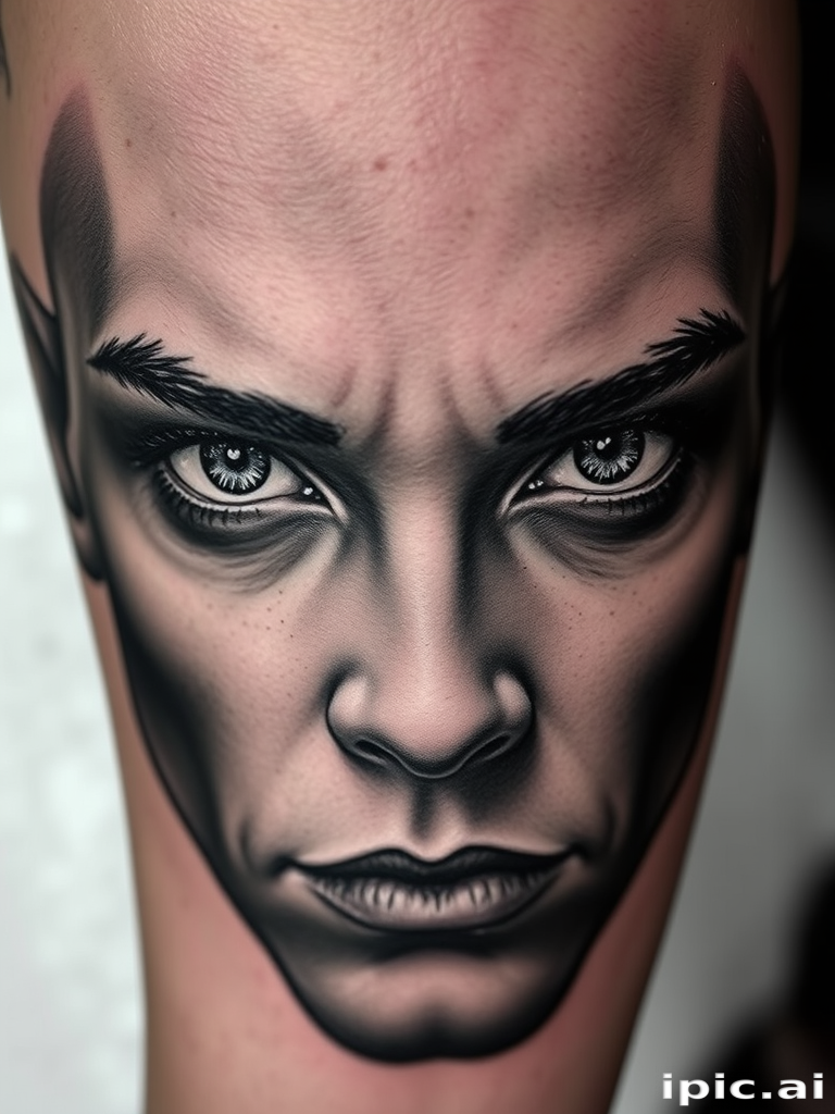 Photorealistic grayscale portrait tattoo titled "Timeless Gaze" showcasing incredible detail and shading to recreate a lifelike human face with piercing eyes and subtle facial expressions, utilizing various techniques such as stippling and cross-hatching to achieve a three-dimensional effect that seems to come alive on the skin, creating a striking and deeply personal piece of art