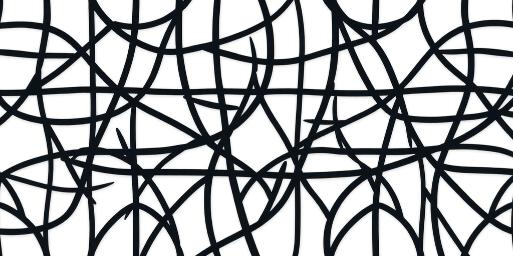 Create a seamless black and white pattern of intertwined lines on a white background, captured with a Canon EOS R5, 50mm lens, f/8 aperture, ISO 100, and a top-down view for even lighting and clarity.