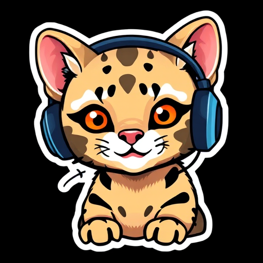 create sticker, Happy Colorful Ocelot wearing Headphones, kawaii, contour, vector, black background