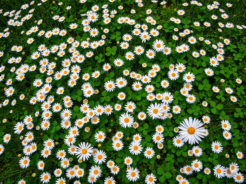 A lush field filled with white daisies and green clovers from a bird's eye view, captured with a DSLR camera at f/4.0 aperture, ISO 100, 24mm lens, 1/250 second shutter speed, in vibrant colors to enhance image quality.