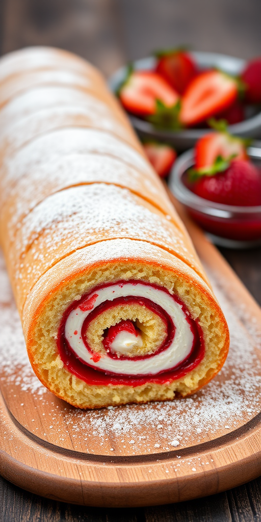 A close-up image of a freshly baked strawberry rolled cake on a wooden cutting board dusted with powdered sugar with sliced strawberries and a small bowl of jam in the background. The cake has a soft yellow sponge and a swirled filling of cream and strawberry jam.
