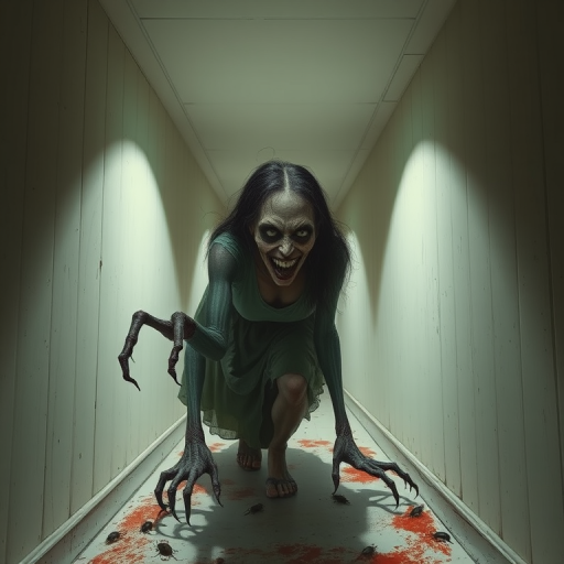 a crooked woman with long arms and a creepy smile is crawling along a long white corridor and you can also see cockroaches in it there is a creepy atmosphere creepy art style