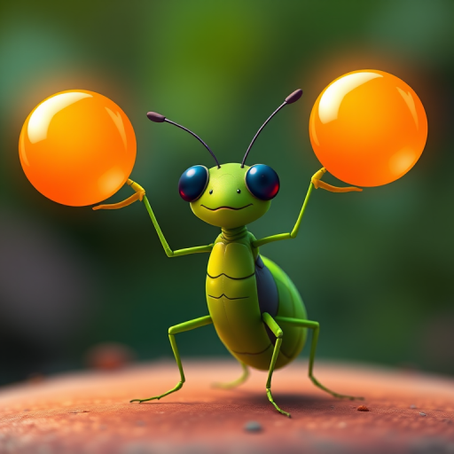 Create a vibrant, cartoon-style image of a green insect juggling two glowing orange spheres, using a high-resolution digital art style with a focus on smooth lines and bright colors, captured with a DSLR camera at f/2.8, ISO 100, and a 50mm lens for a sharp depth of field.