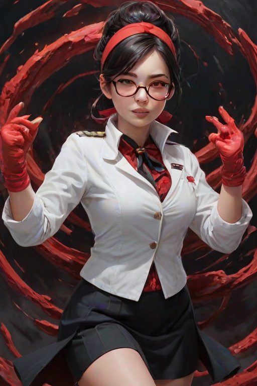 masterpiece, best quality, dark environment, Blend swirling, whirlpool-like patterns of intense and contrasting colors, with spiraling motions and chaotic color interactions, purah, hair ornament, red headband, red glasses, sleeveless shirt, white coat, black skirt, red leggings, gloves, smirk, middle finger,