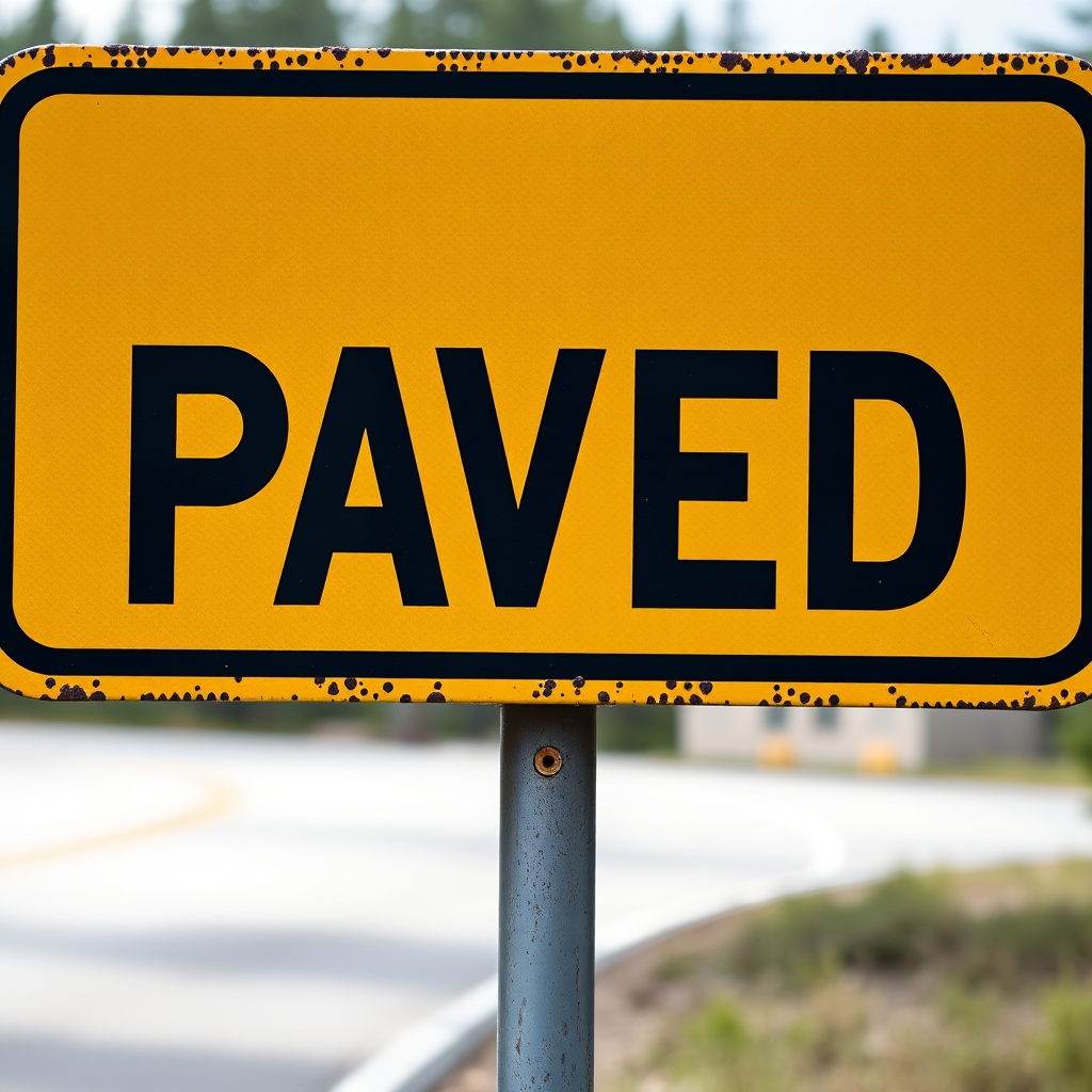 Create a high-resolution image of a rectangular road sign with a yellow background and bold black letters spelling "PAVED," using a DSLR camera with a 50mm lens, aperture set to f/2.8, ISO 100, and a slight angle to capture depth.