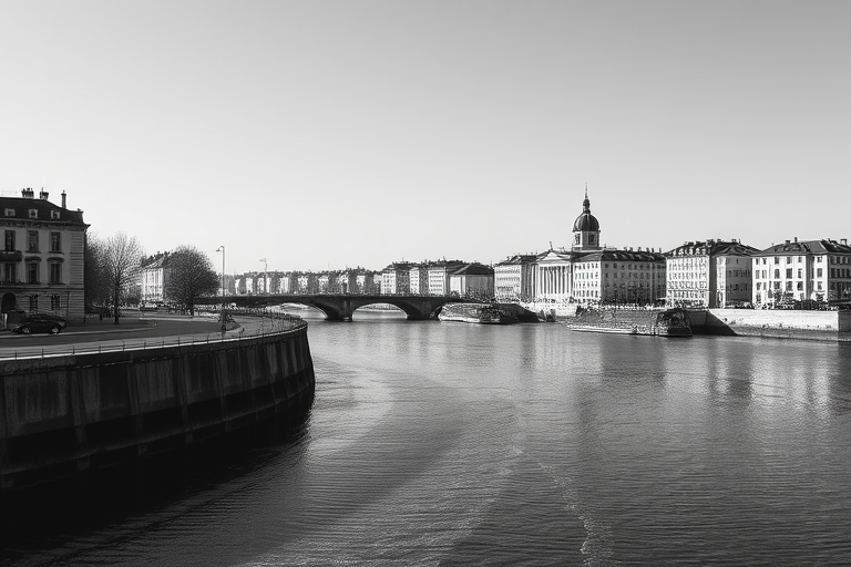 generate a black and white landscape photograph of a river with buildings in the background, taken with a Canon EOS 5D Mark IV at f/11, ISO 100, shutter speed 1/200s, using a wide-angle lens, capturing a clear view from a low angle near the water's edge to enhance depth and contrast