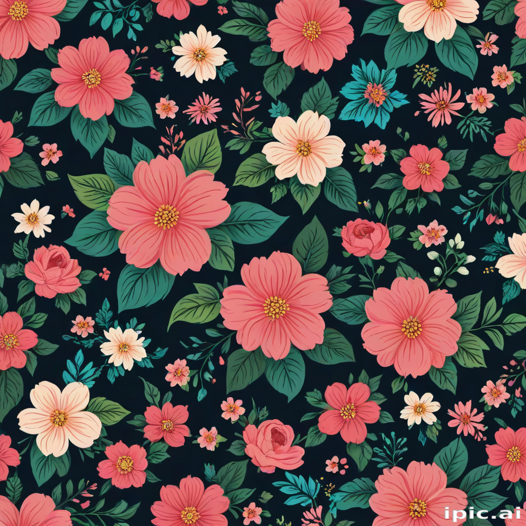 Colorful Floral Pattern Featuring Various Blooms on a Dark Background