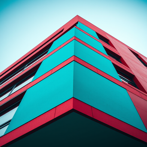 high-resolution photograph of a modern architectural building with vibrant red and turquoise walls, shot with a Canon EOS R5, 35mm lens, ISO 100, aperture f/8, daylight, top-down angle to emphasize geometric shapes and colors, sharp focus on textures and shadows