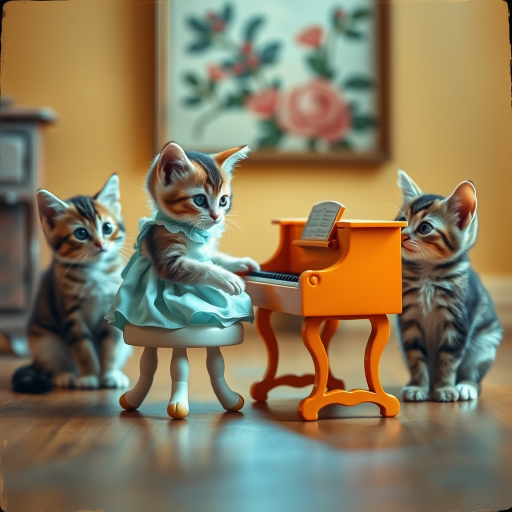 A charming scene of three cute cats in a vintage-style room. One cat, wearing a small, light-blue dress, sits on a tiny stool playing a miniature orange piano. Two other cats, with wide, curious eyes, watch the piano-playing cat intently. The room has warm lighting, with a cozy, old-fashioned aesthetic, soft wooden floors, and a blurred floral painting in the background. The overall mood is playful and whimsical, capturing the innocent curiosity of the cats. The image has a slightly worn, nostalgic feel, reminiscent of an old photograph.